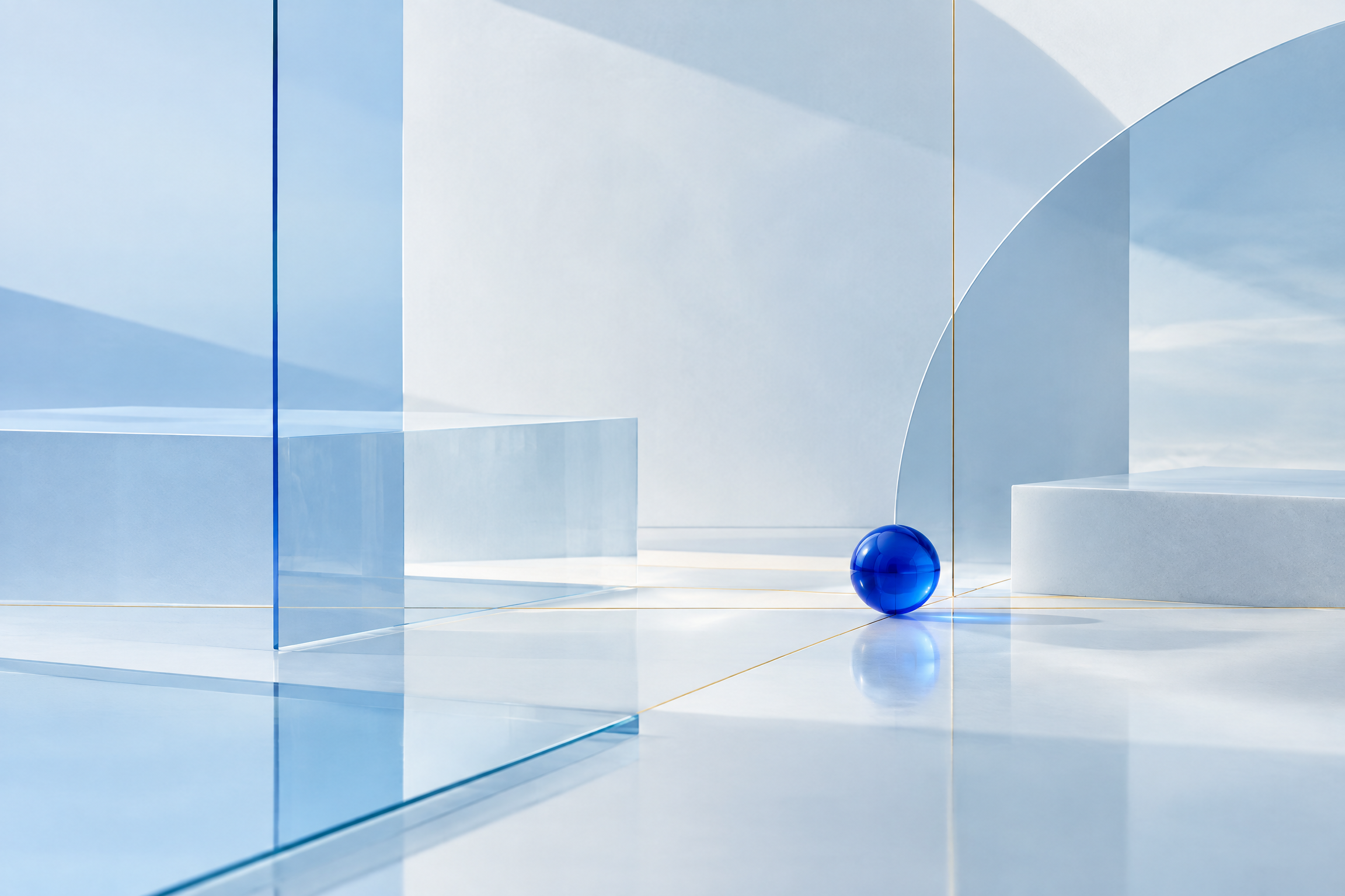 Abstract translucent architectural layers with a blue sphere