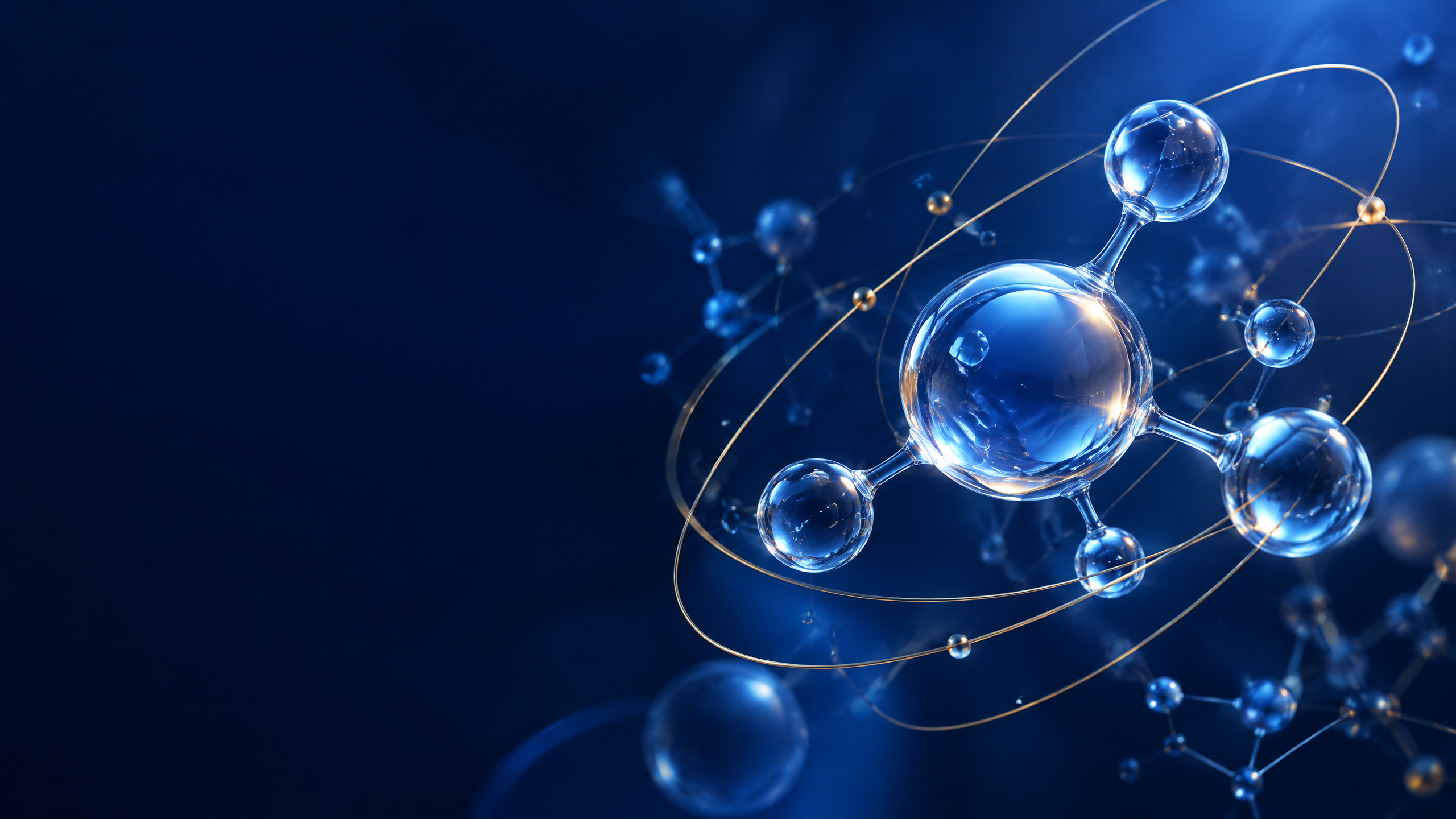 Luminous glass molecular geometry connected by fine gold orbital lines