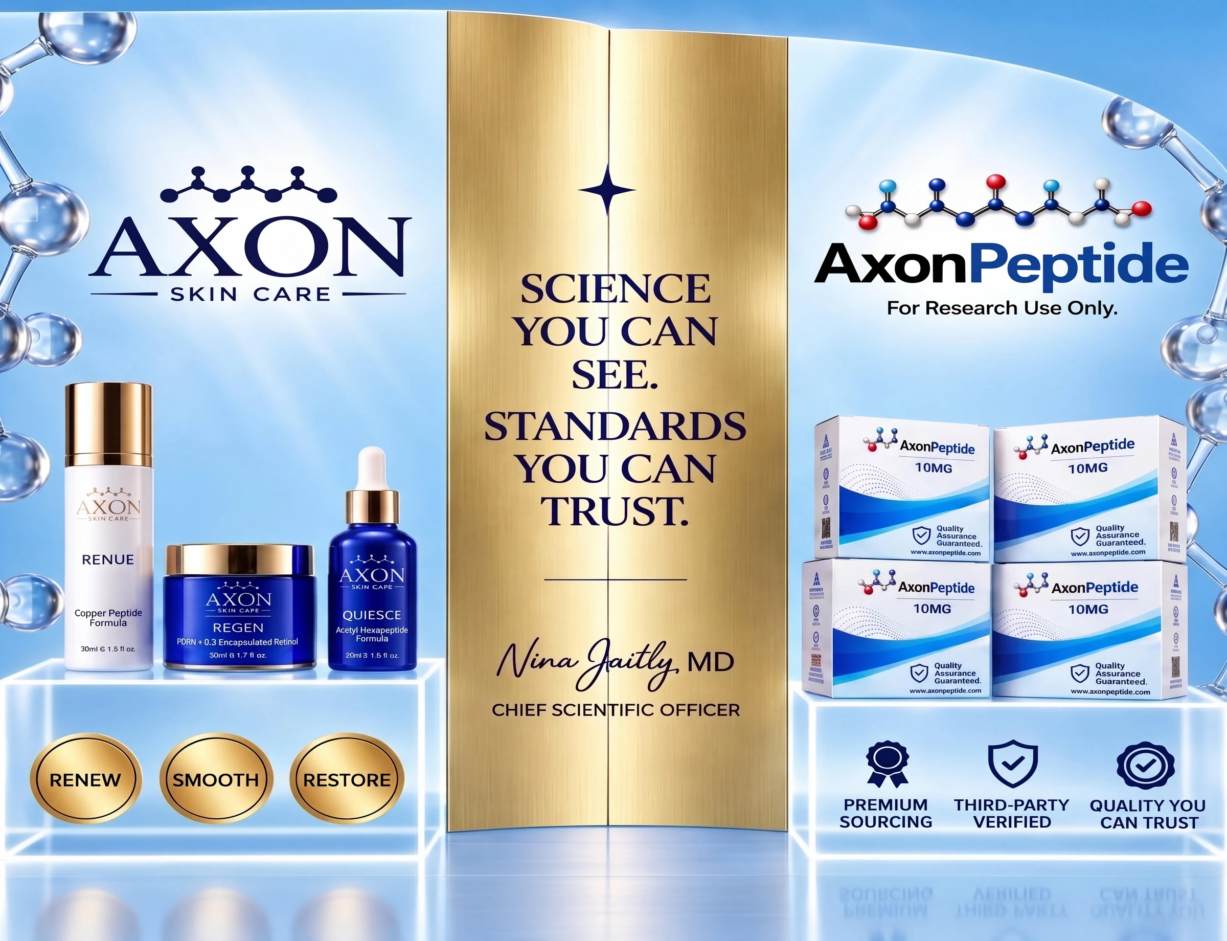 AXON display featuring Axon Skin Care packaging, an AxonPeptide research-use-only display, and a central gold science and standards panel